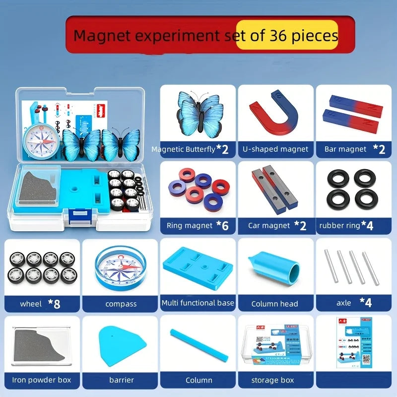 Complete Physics Science Magnet Kit Set For Kids STEM Educational Experiments With Bar Ring Horseshoe U Shape Magnets Compass