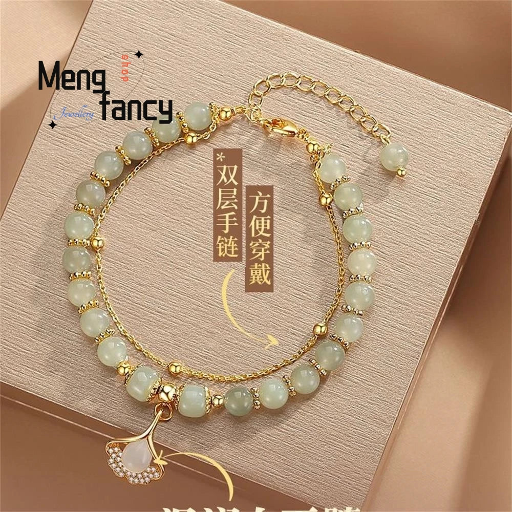 Natural Hetian Jasper Three Lifetimes Have Apricots Meet You Double Apricot Leaf Bracelet Exquisite Charm Luxury Fashion Jewelry