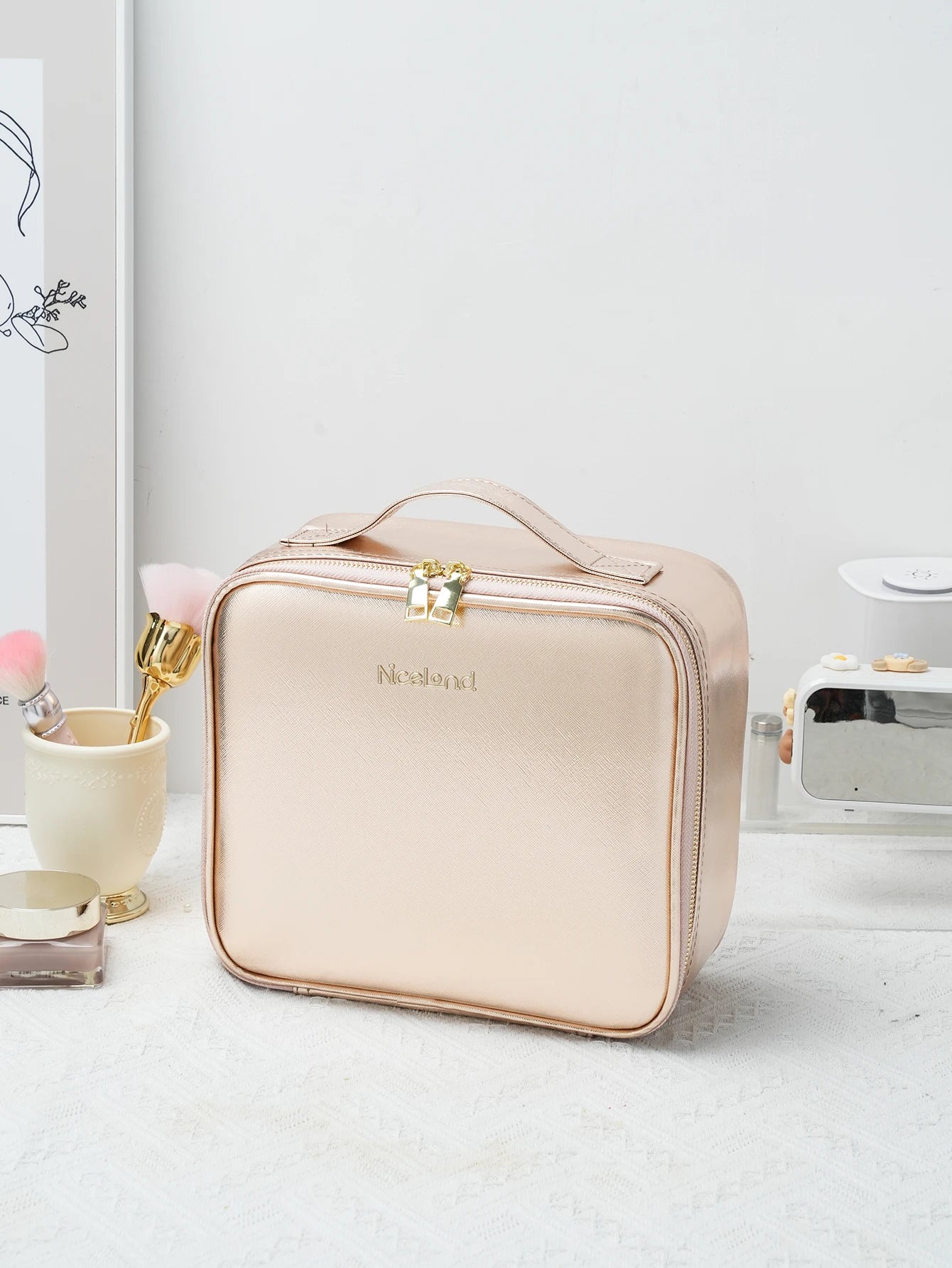 Travel Makeup Bag with LED Lighted Mirror 3 Color Scenarios Adjustable Brightness, with DIY Dividers, Toiletry Makeup Case Gift