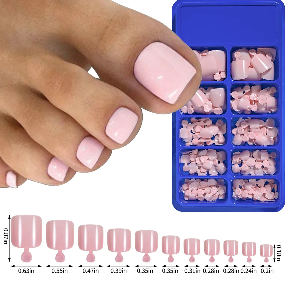 100Pcs Fake Toenail Natural Press On Toe Foot Rose Red Full Cover Square Nails Art Tips Artificial Acrylic Glossy False Toe Tips
