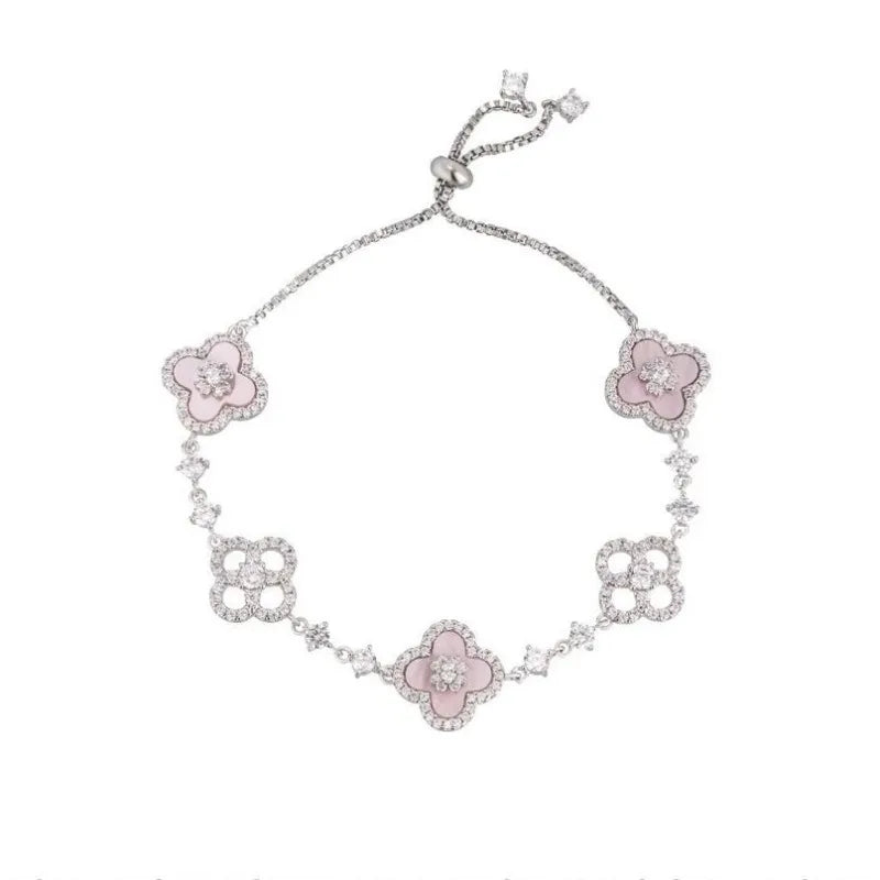 Fashion New Shell Stone Crystal Pink Flower Bracelet for Women Personalized Stainless Steel Cuff Bracelet Jewelry Accessories