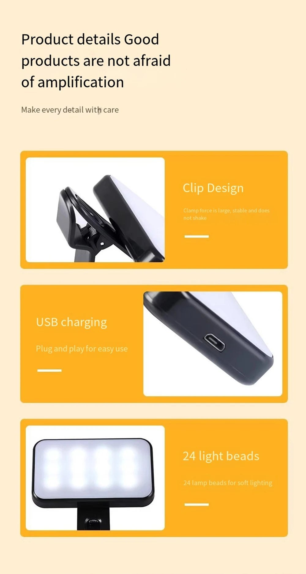 Portable Mini Selfie Fill Light Rechargeable Clip 3 Modes Adjustable Brightness On For Phone Laptop Tablet Meeting Make Up ﻿