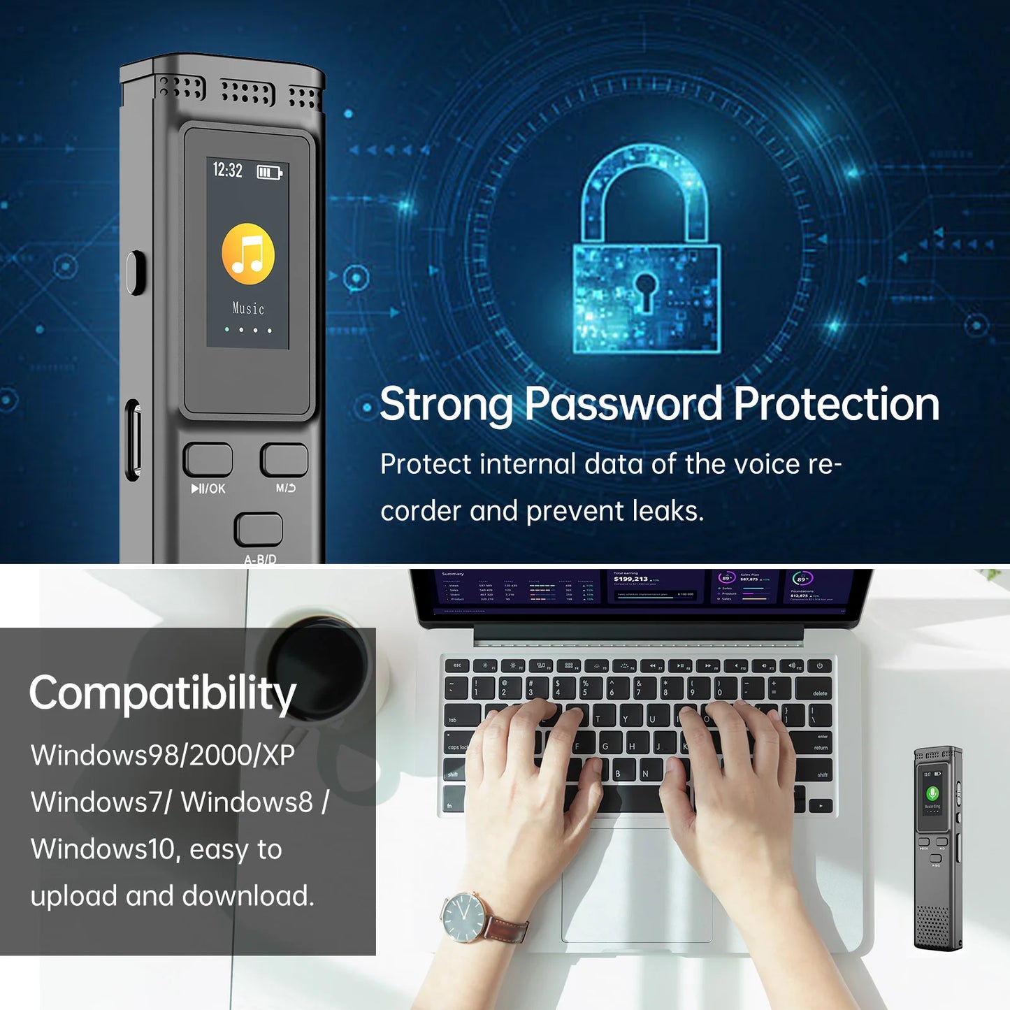 64GB/16GB/8GB Digital Voice Recorder Voice Activated Audio Recording Noise Reduction with Playback MP3 Music Player 288hrs