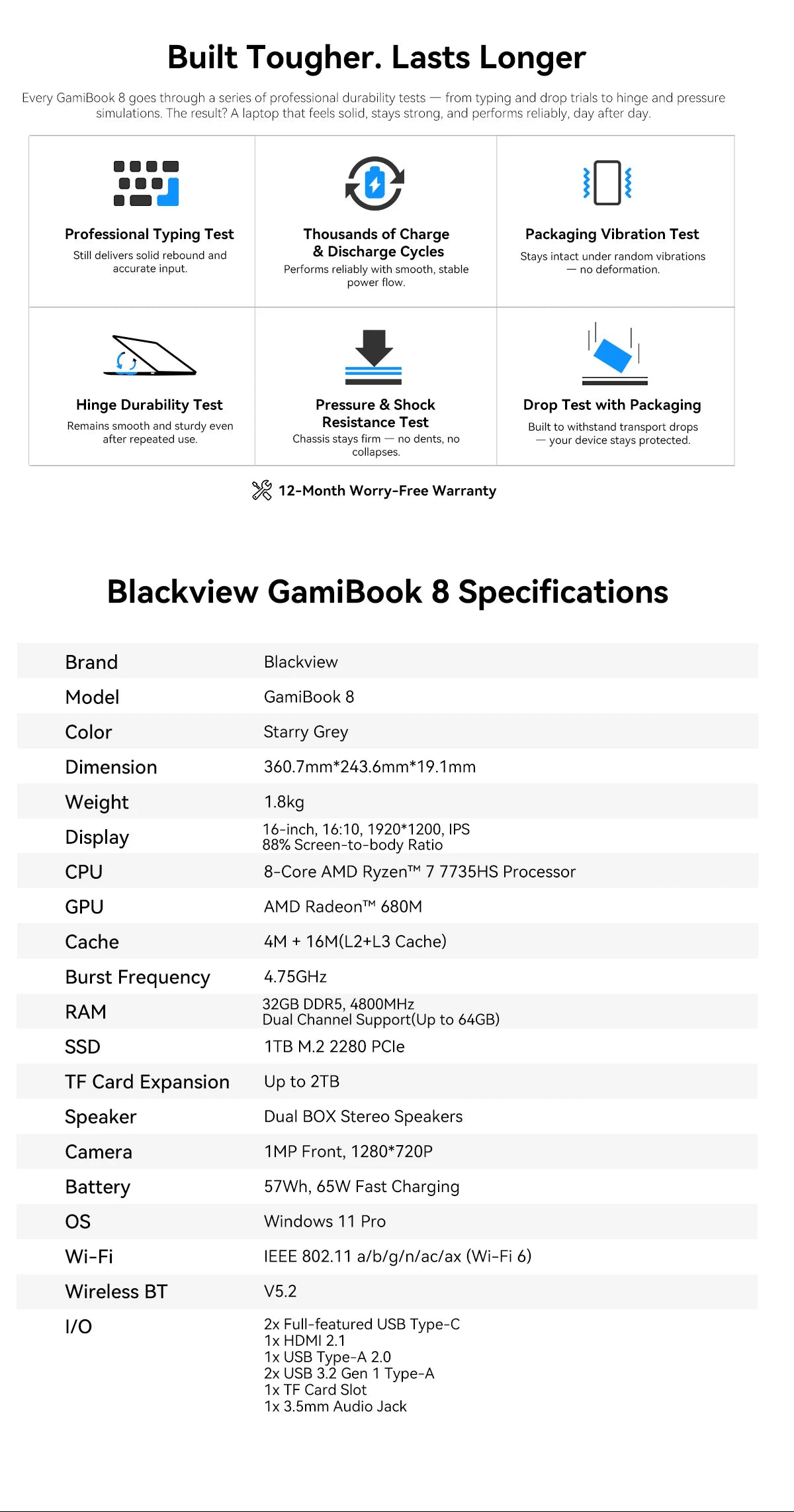 BLACKVIEW ‎GamiBook 8 AMD R7 7735HS 16" 16GB DDR5 512GB SSD 5000MAH Laptop  Windows 11 Pro 1920*1200  Backlit Keyboard 120Hz
