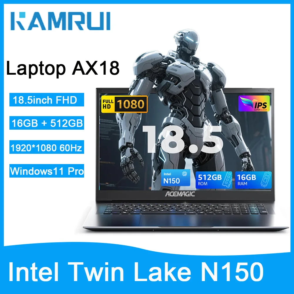 Kamrui Laptop Computer 18.5" FHD 8000mAh Intel N150 Quad-Core Windows 11 PRO 16GB DDR4 RAM 512GB SSD WiFi5 Desktop Notebook PC