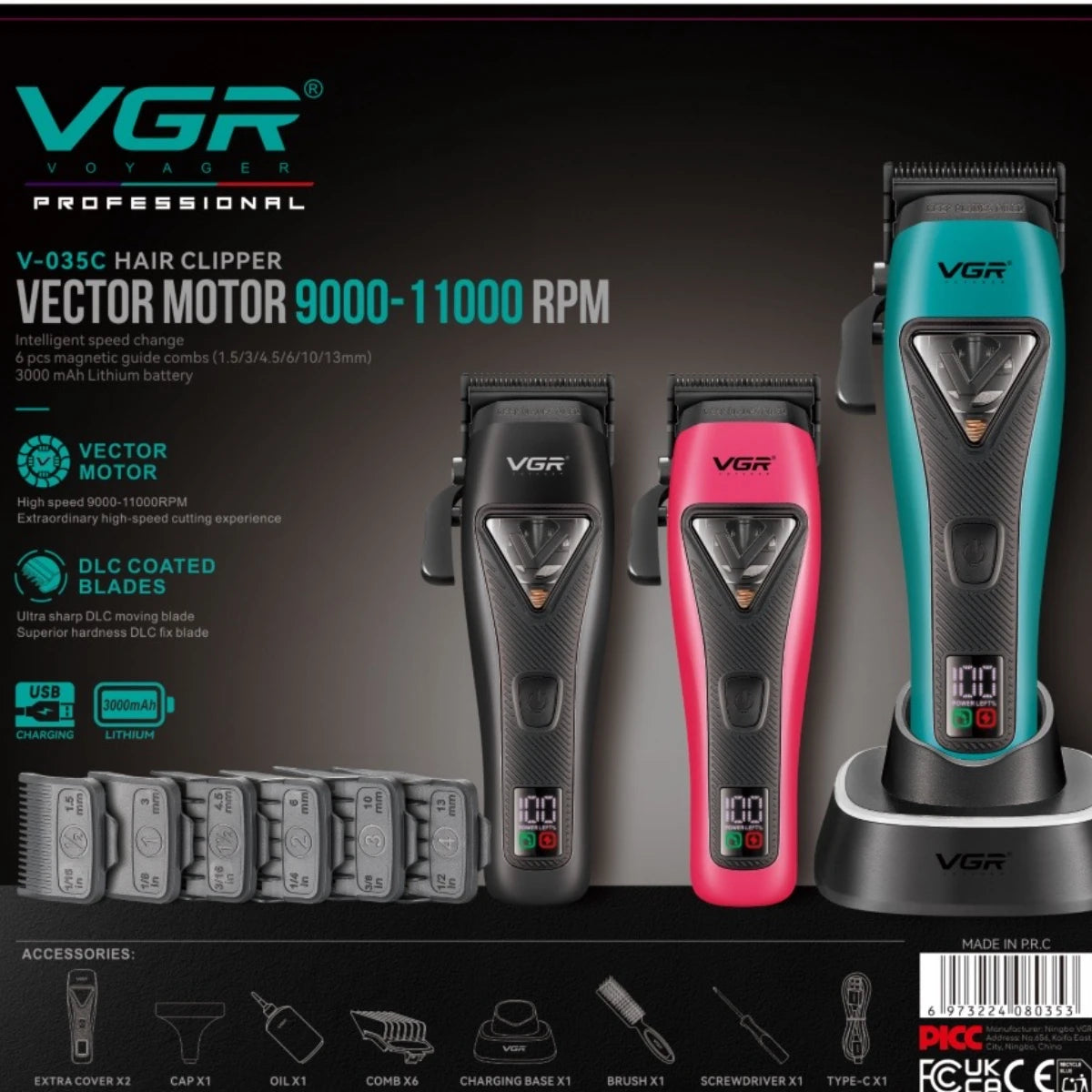 VGR Hair Clipper Professional Hair Cutting Machine Vector Motor 11000 RPM Barber Cordless Clippers Hair Trimmers for Men V-035C