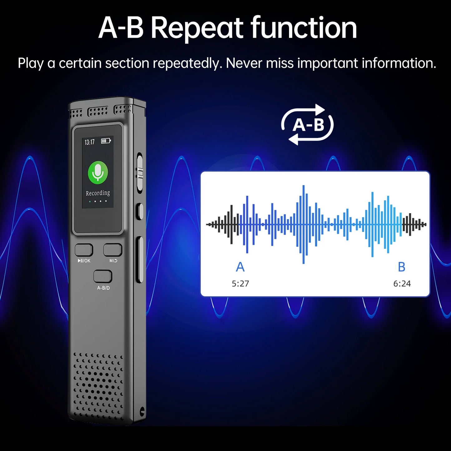 64GB/16GB/8GB Digital Voice Recorder Voice Activated Audio Recording Noise Reduction with Playback MP3 Music Player 288hrs