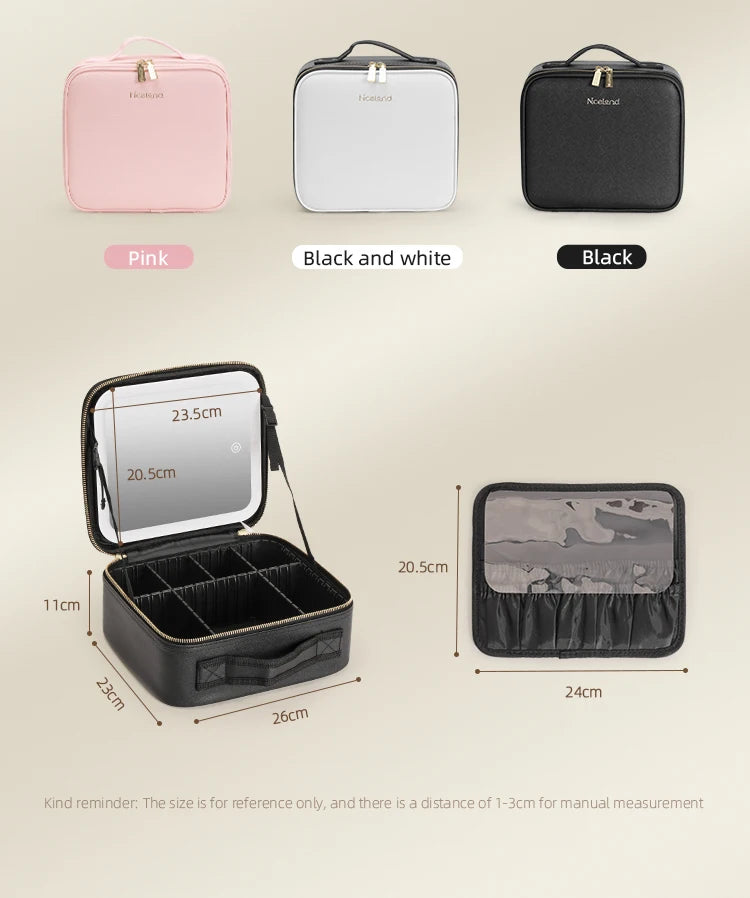 Makeup Travel Train Case with LED Lighted Mirror, 3 Color Adjust Settings, Travel Makeup Bag With Adjustable Dividers,