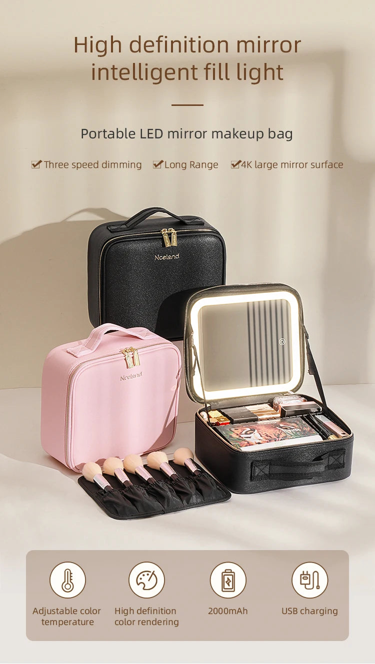 Makeup Travel Train Case with LED Lighted Mirror, 3 Color Adjust Settings, Travel Makeup Bag With Adjustable Dividers,