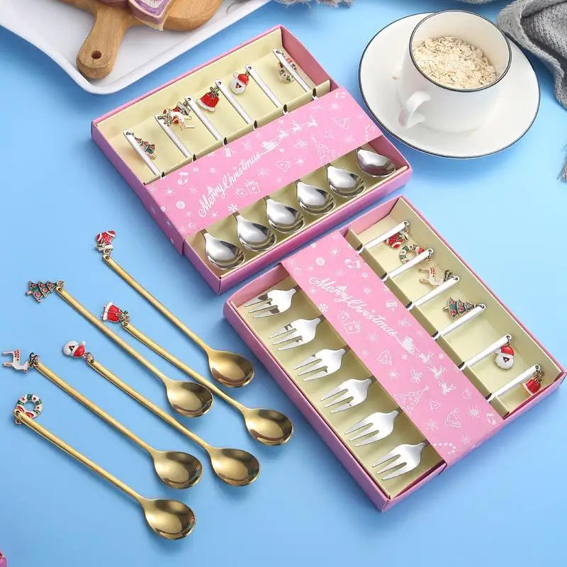 6PCS Christmas Spoons Coffee Cutlery Set Stainless Steel Cutlery Set Dessert Spoon Forks Christmas Gifts Elk Christmas Decoratio