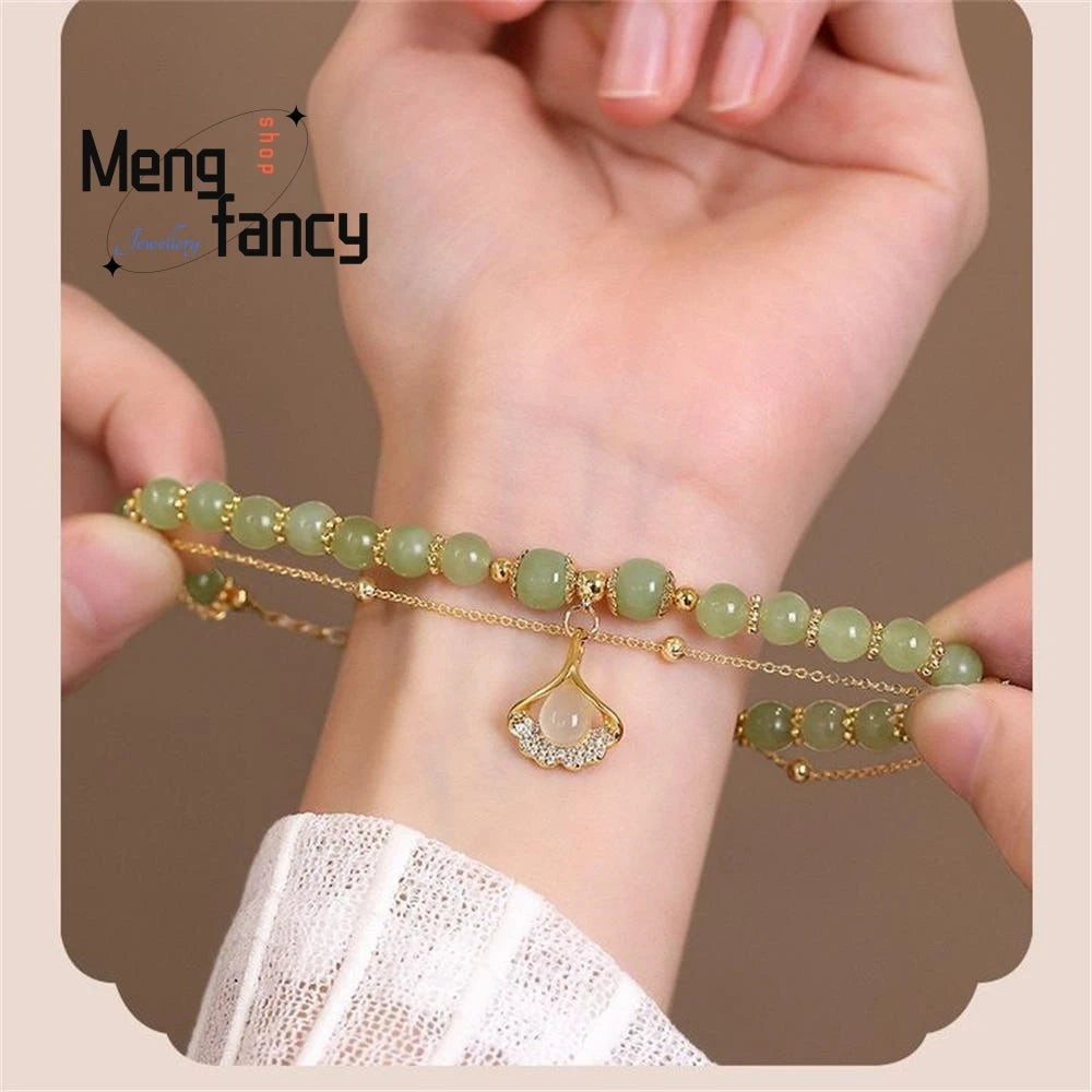 Natural Hetian Jasper Three Lifetimes Have Apricots Meet You Double Apricot Leaf Bracelet Exquisite Charm Luxury Fashion Jewelry