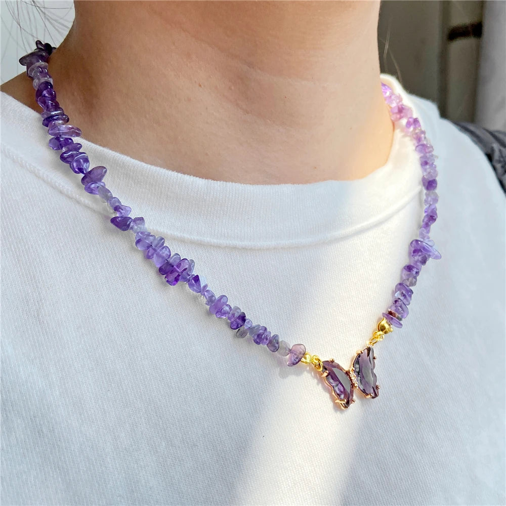 Trendy Butterfly Crystal Necklace Natural Purple Amethysts Quartzs Crystal Chip Stone Necklace Jewelry Gift For Women Couple