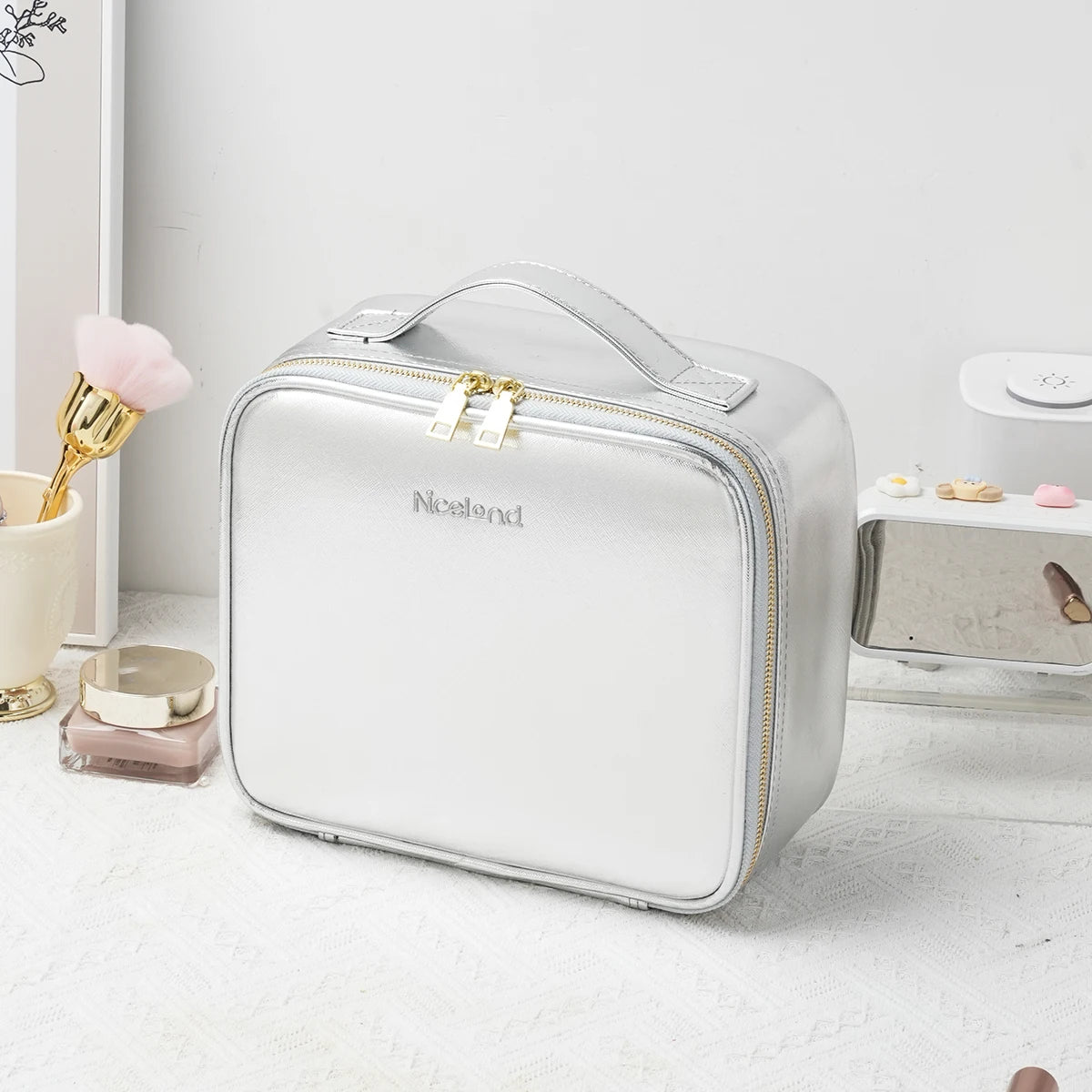 Travel Makeup Bag with LED Lighted Mirror 3 Color Scenarios Adjustable Brightness, with DIY Dividers, Toiletry Makeup Case Gift