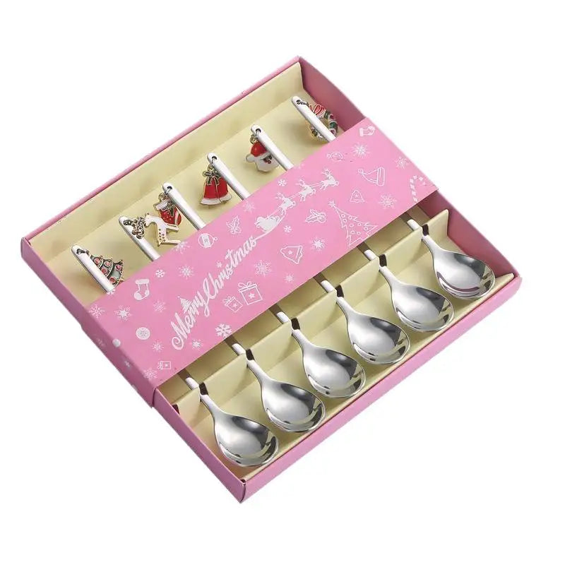 6PCS Christmas Spoons Coffee Cutlery Set Stainless Steel Cutlery Set Dessert Spoon Forks Christmas Gifts Elk Christmas Decoratio
