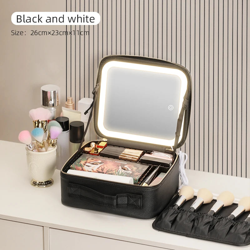 Makeup Travel Train Case with LED Lighted Mirror, 3 Color Adjust Settings, Travel Makeup Bag With Adjustable Dividers,