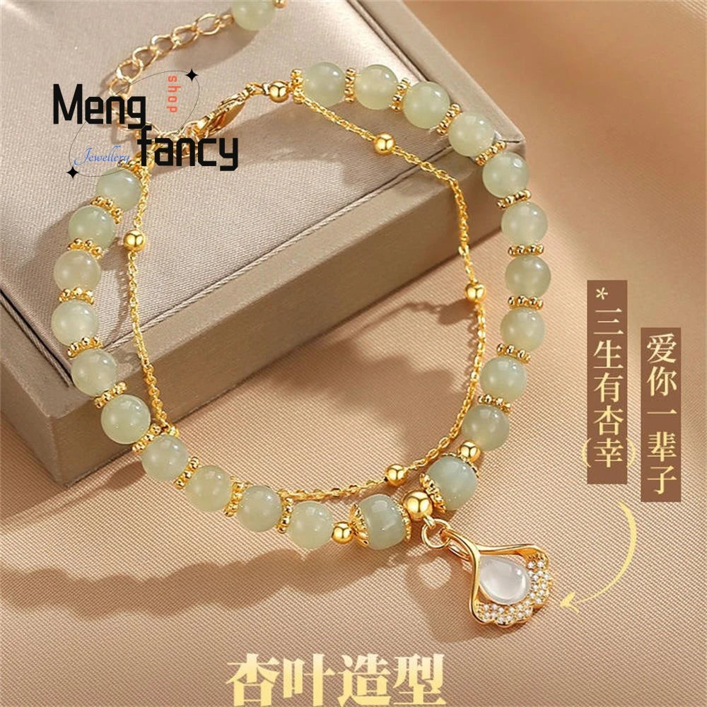 Natural Hetian Jasper Three Lifetimes Have Apricots Meet You Double Apricot Leaf Bracelet Exquisite Charm Luxury Fashion Jewelry