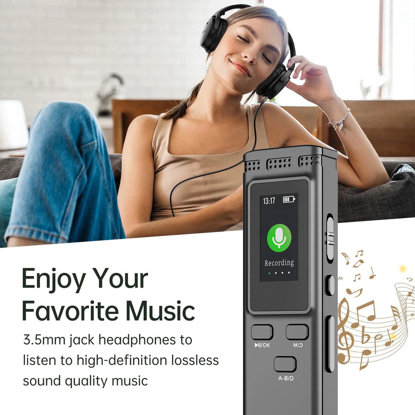 64GB/16GB/8GB Digital Voice Recorder Voice Activated Audio Recording Noise Reduction with Playback MP3 Music Player 288hrs