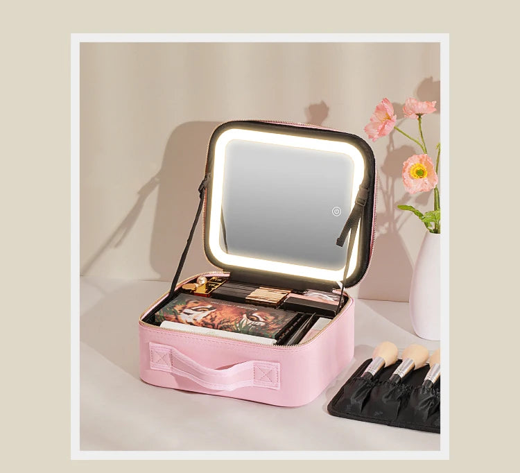Makeup Travel Train Case with LED Lighted Mirror, 3 Color Adjust Settings, Travel Makeup Bag With Adjustable Dividers,