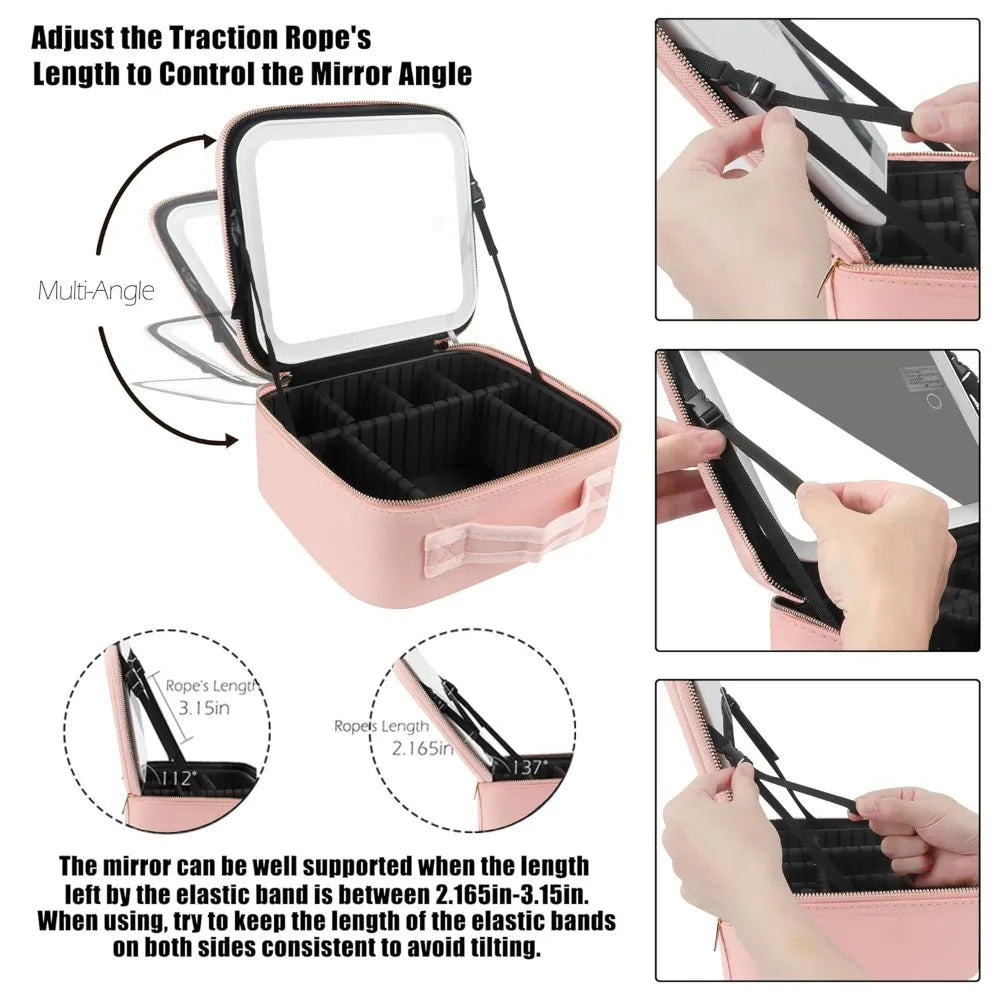 Makeup Bag with LED Mirror Travel Large Train Case Cosmetic Organizer Make Up Bags with 3 Color Lights and Adjustable Dividers