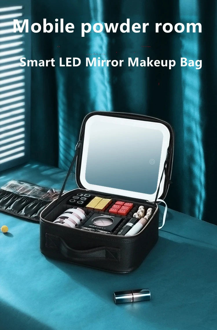 New LED Lighted Cosmetic Case with Mirror Waterproof PU Leather Portable Travel Makeup Storage Bags
