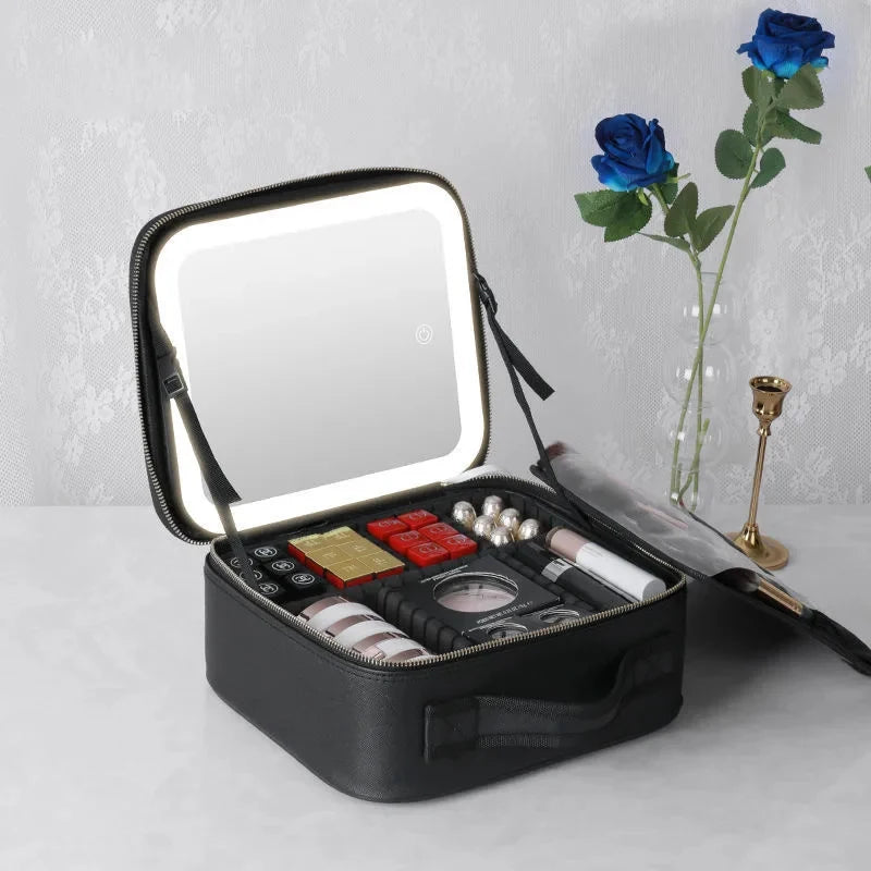 New LED Lighted Cosmetic Case with Mirror Waterproof PU Leather Portable Travel Makeup Storage Bags