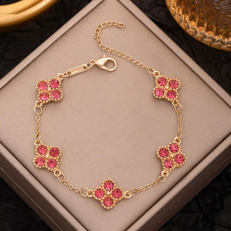 Colorful Crystal Four Leaf Clover Bracelets for Women Girls Lucky Clovers Flower Fashion Wrist Chain Jewelry Party Wear Bijoux