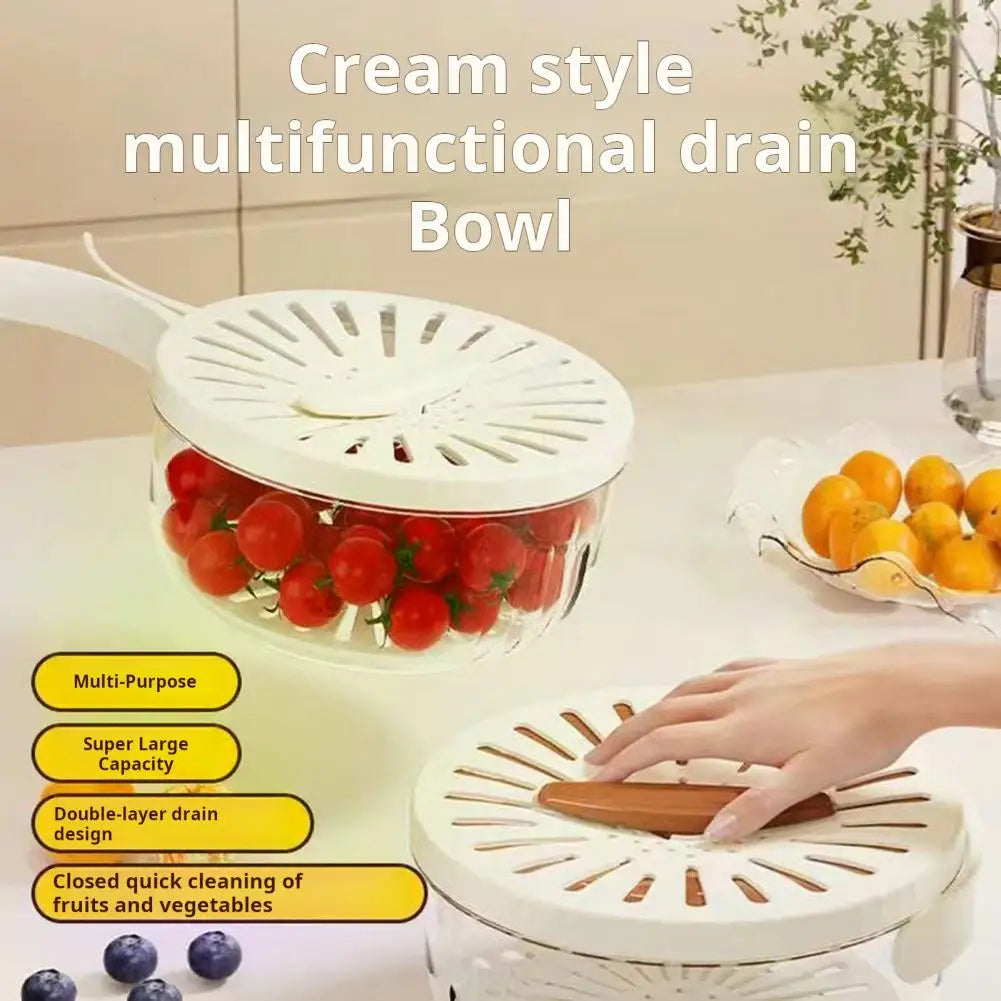 Food Grade Double-Layer Draining Bowl, Fruit Strainer, Colander Bowl with Lid Handle, Bpa Free for Efficient