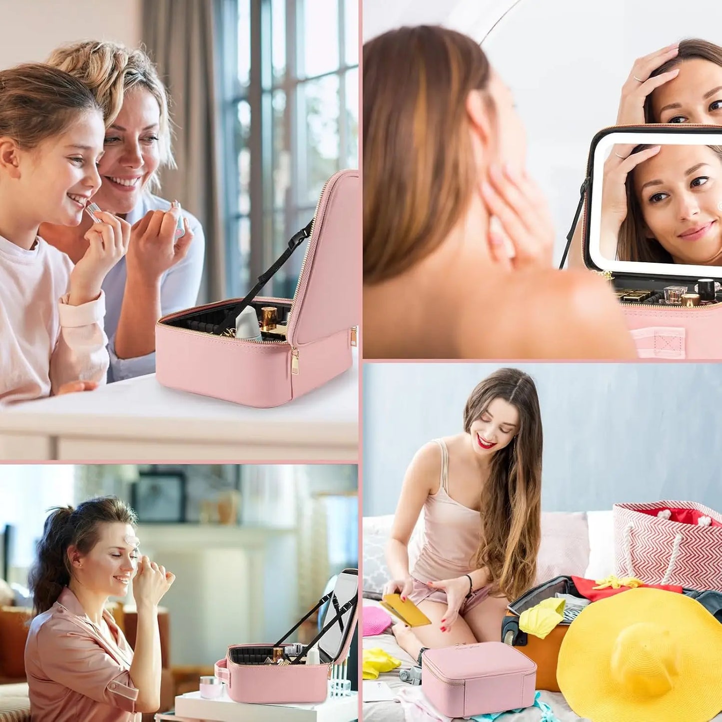 Makeup Bag with LED Mirror Travel Large Train Case Cosmetic Organizer Make Up Bags with 3 Color Lights and Adjustable Dividers