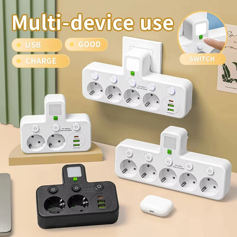EU Plug Socket Adapter Wireless Wall Charger Power Strip with 4 AC Outlets +2 USB Ports+ 1 Type C 7-in-1 Plug Socket Adapter