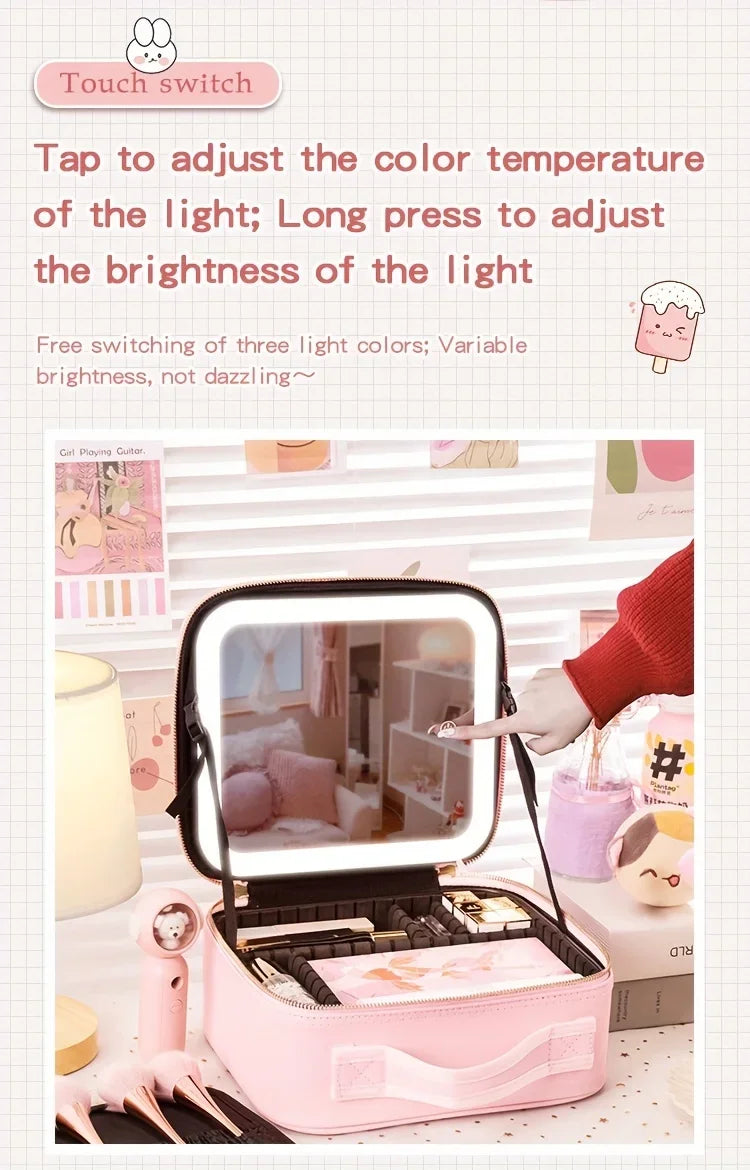 LED Lighted Travel Makeup Bag With Mirror Portable Waterproof Makeup Organizer Cosmetic Case, Birthday Gift For Girls Women