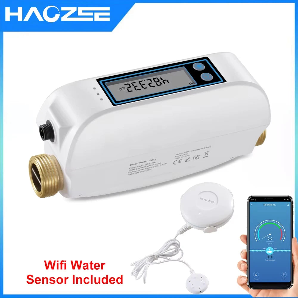 Haozee Tuya Smart WiFi Water Valve Shutoff Water Flow Meter Built in Rechargable Battery for DN20 3/4-Inch Diameter Pipe