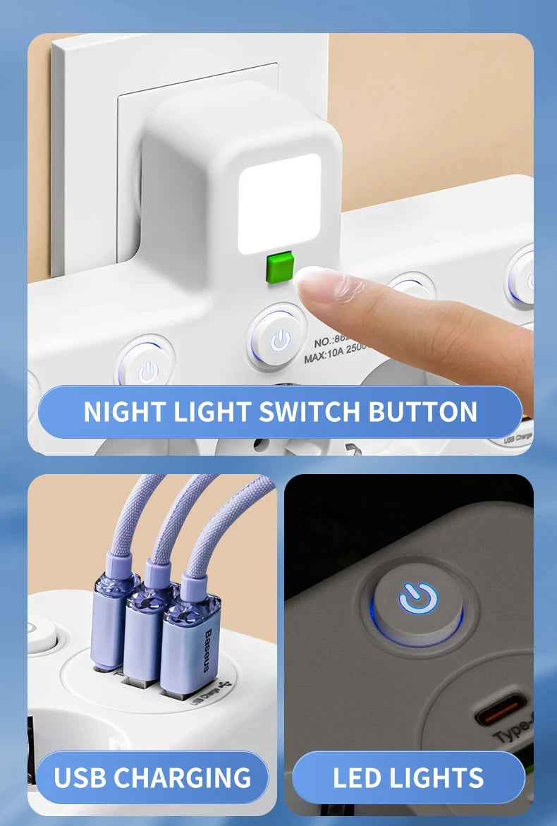 EU Plug Socket Adapter Wireless Wall Charger Power Strip with 4 AC Outlets +2 USB Ports+ 1 Type C 7-in-1 Plug Socket Adapter