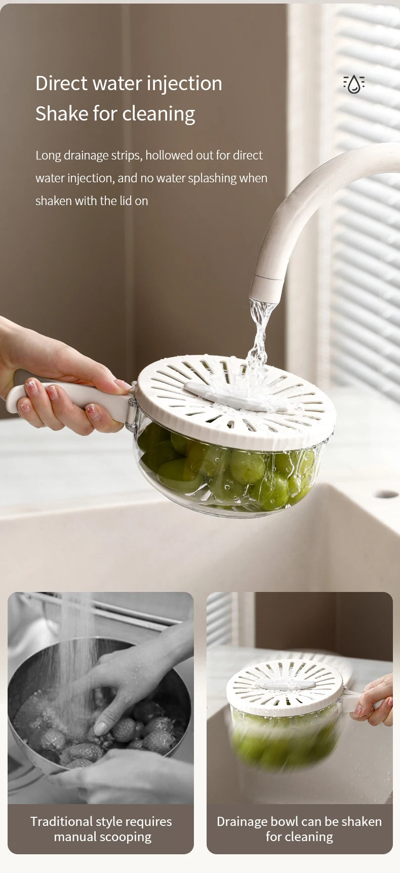 Folding Handle Drain Basket with Lid Fruit Vegetable Washing Bowl Kitchen Washing Basket Plastic Colander Water-Filtering Basin