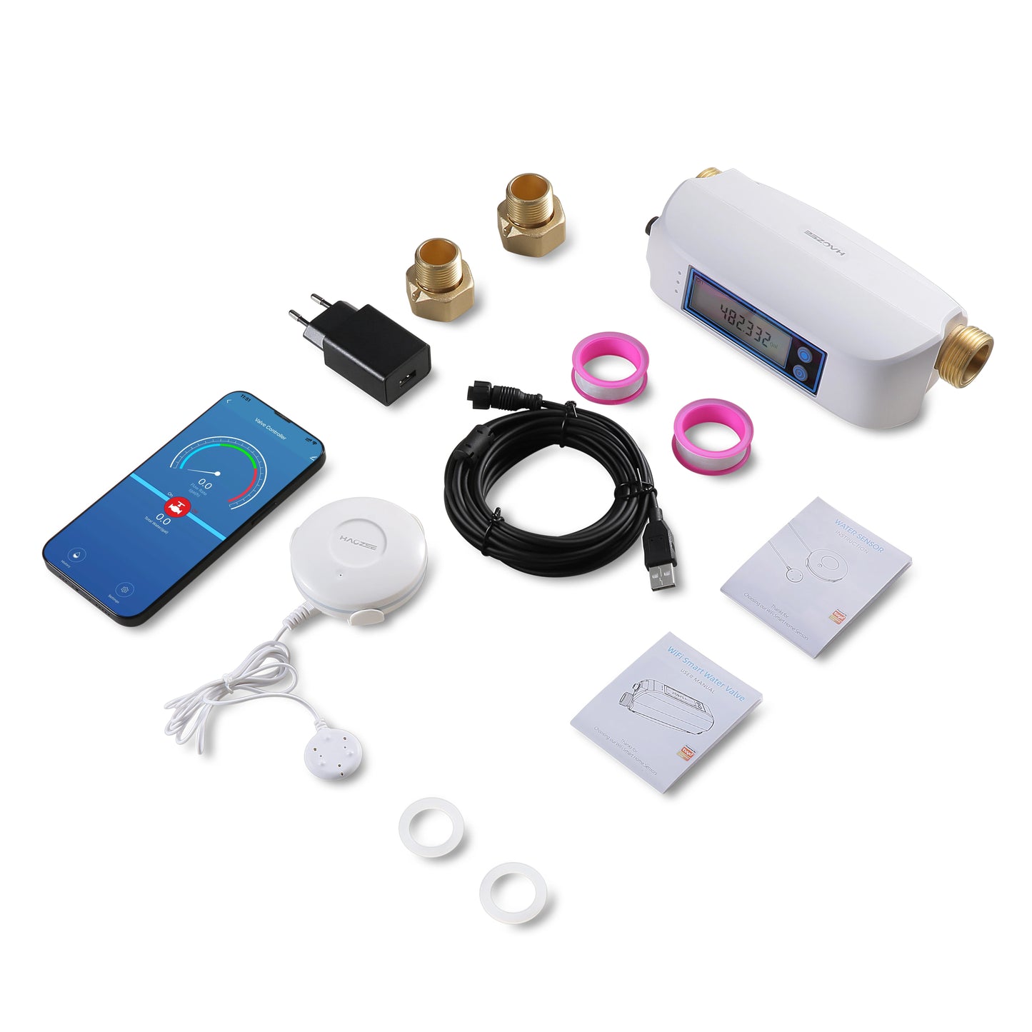 Haozee Tuya Smart WiFi Water Valve Shutoff Water Flow Meter Built in Rechargable Battery for DN20 3/4-Inch Diameter Pipe