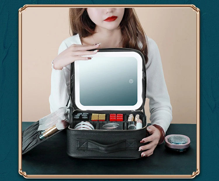 New LED Lighted Cosmetic Case with Mirror Waterproof PU Leather Portable Travel Makeup Storage Bags