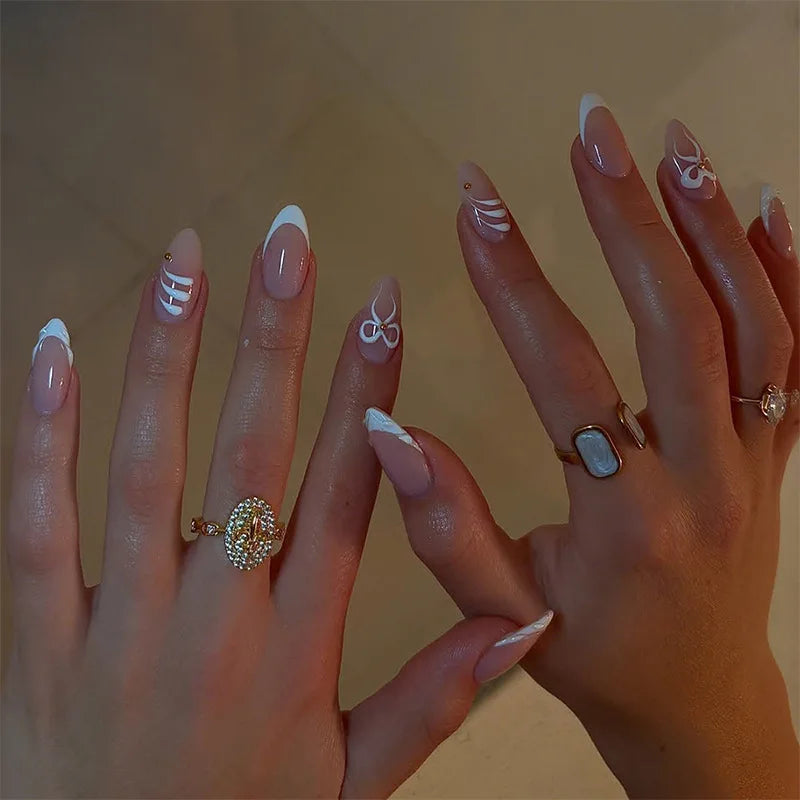 White French Press on Nails 3D Bowknot Fake Nails Tips Full Cover Wearable False Nails for Women and Girls DIY Manicure 24Pcs