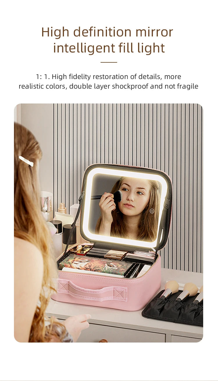 Makeup Travel Train Case with LED Lighted Mirror, 3 Color Adjust Settings, Travel Makeup Bag With Adjustable Dividers,