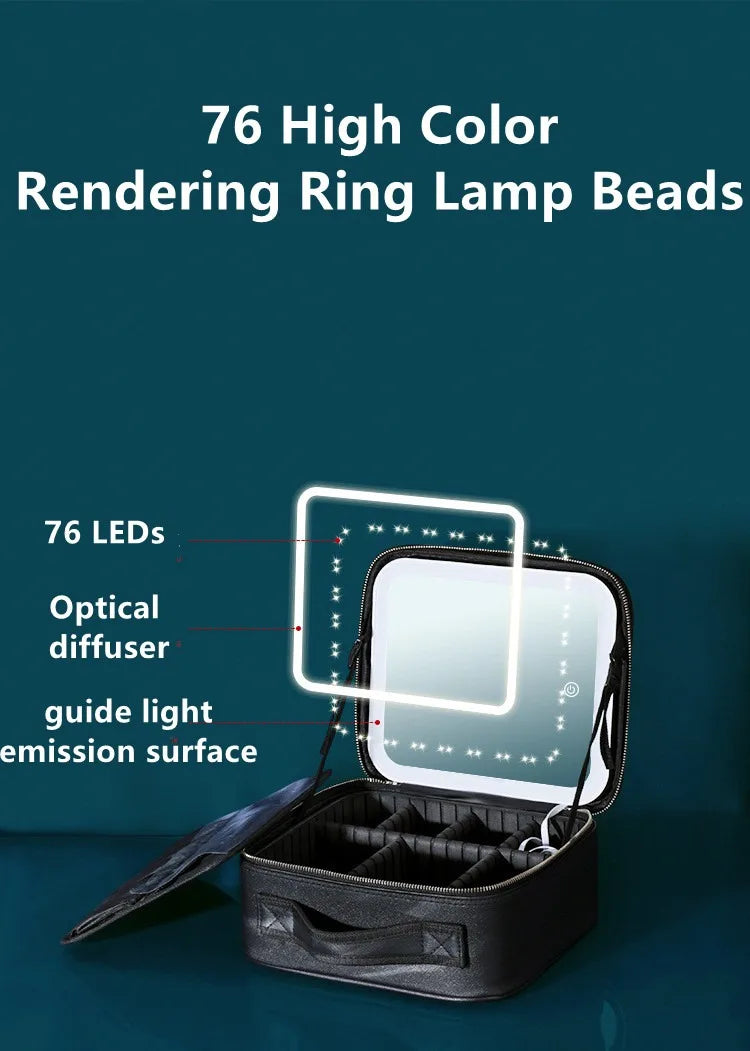 New LED Lighted Cosmetic Case with Mirror Waterproof PU Leather Portable Travel Makeup Storage Bags