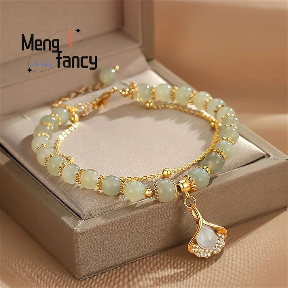 Natural Hetian Jasper Three Lifetimes Have Apricots Meet You Double Apricot Leaf Bracelet Exquisite Charm Luxury Fashion Jewelry