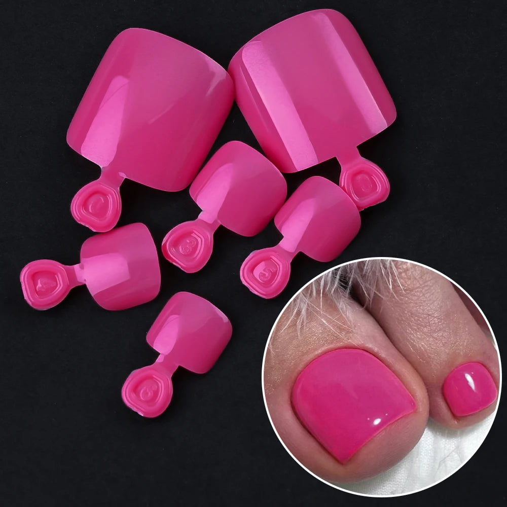 100Pcs Fake Toenail Natural Press On Toe Foot Rose Red Full Cover Square Nails Art Tips Artificial Acrylic Glossy False Toe Tips