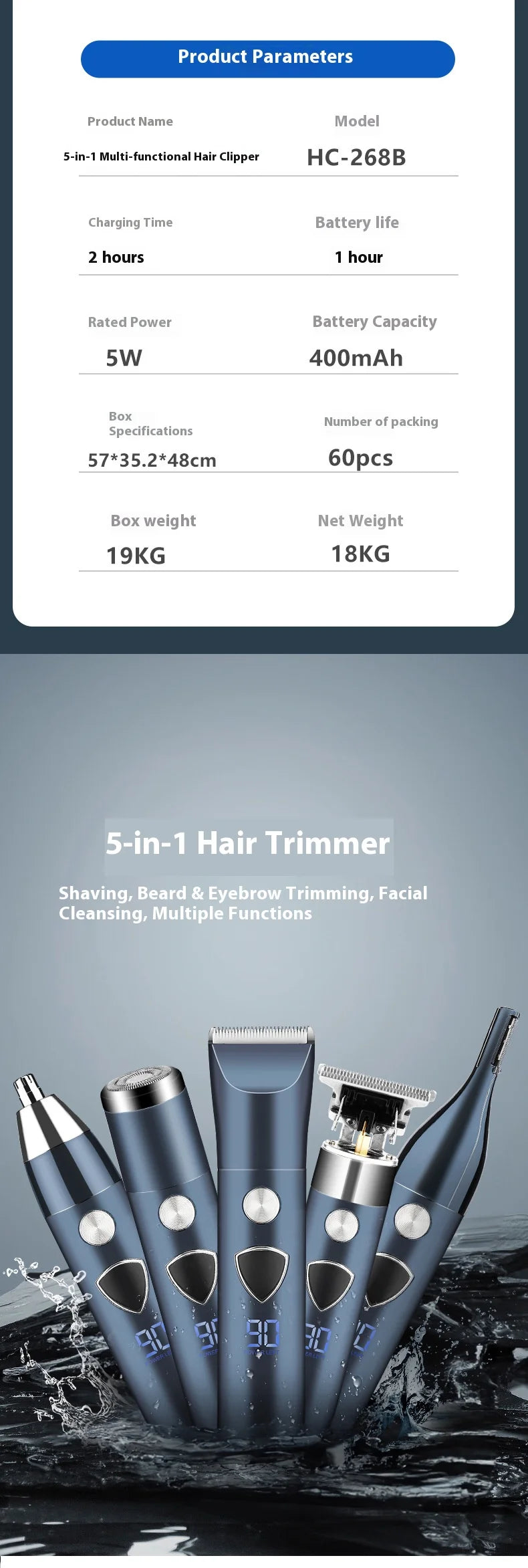 Men's 5-in-1 Electric Body Hair Trimmer Professional Hygienic Beauty Razor Shaver for Face Ear Nose - Professional Hair Trimmer