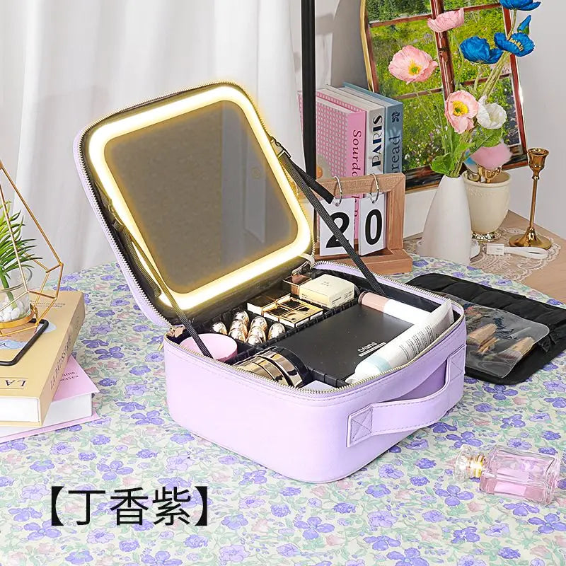 New LED Lighted Cosmetic Case with Mirror Waterproof PU Leather Portable Travel Makeup Storage Bags
