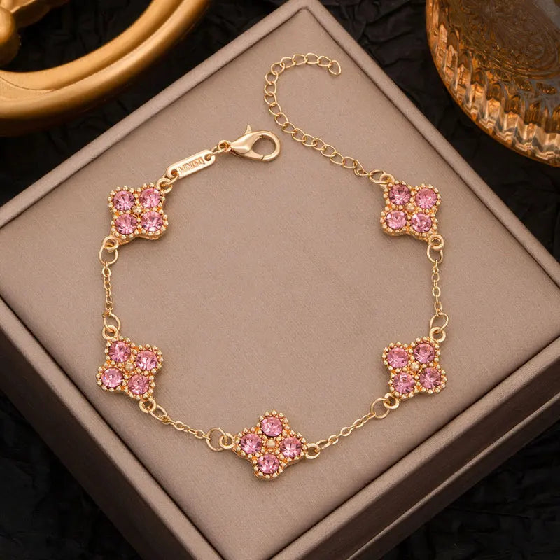 Colorful Crystal Four Leaf Clover Bracelets for Women Girls Lucky Clovers Flower Fashion Wrist Chain Jewelry Party Wear Bijoux