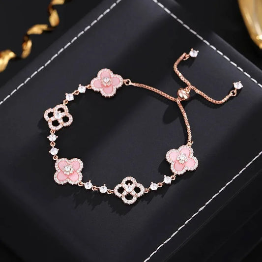 Fashion New Shell Stone Crystal Pink Flower Bracelet for Women Personalized Stainless Steel Cuff Bracelet Jewelry Accessories