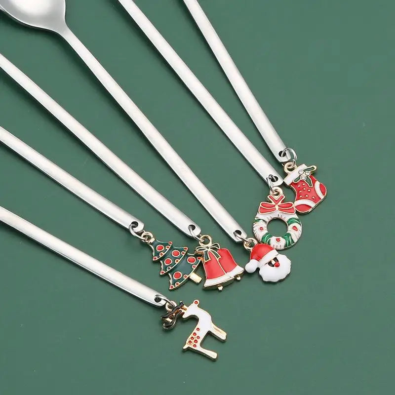 6PCS Christmas Spoons Coffee Cutlery Set Stainless Steel Cutlery Set Dessert Spoon Forks Christmas Gifts Elk Christmas Decoratio