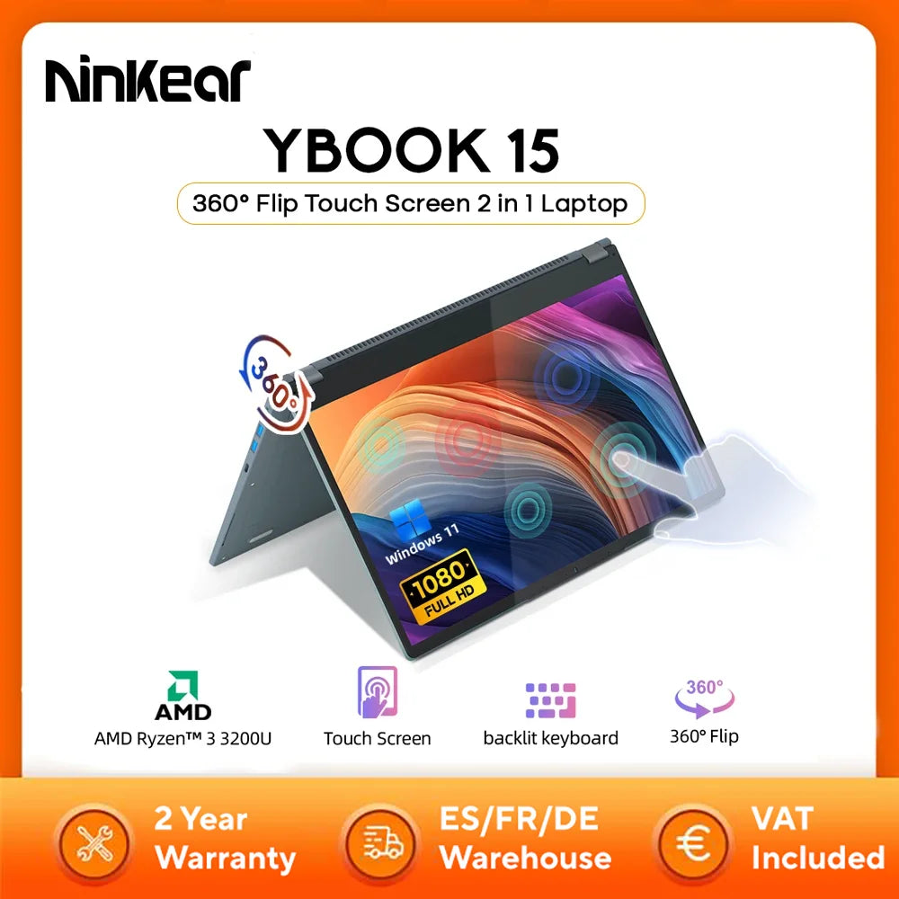 Ninkear YBOOK15 2 in 1 Laptop 360° flip 15.6' FHD IPS Touch Screen Tablet AMD Ryzen™ 3 3200U 16G DDR4+512GB SSD Windows 11 Pro