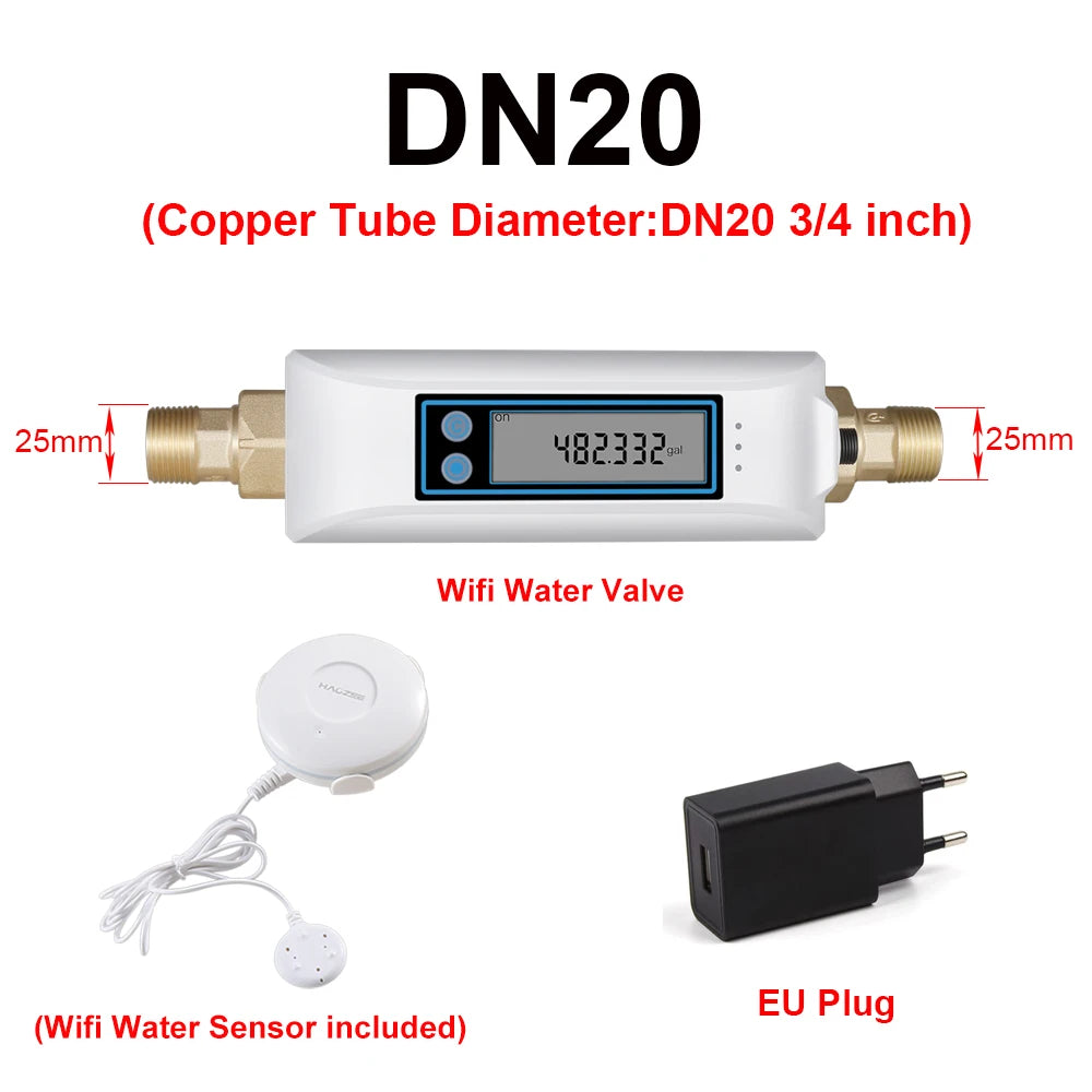 Haozee Tuya Smart WiFi Water Valve Shutoff Water Flow Meter Built in Rechargable Battery for DN20 3/4-Inch Diameter Pipe