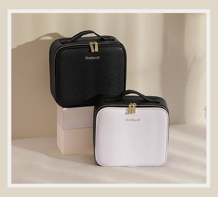 Travel Makeup Bag with LED Lighted Mirror 3 Color Scenarios Adjustable Brightness, with DIY Dividers, Toiletry Makeup Case Gift