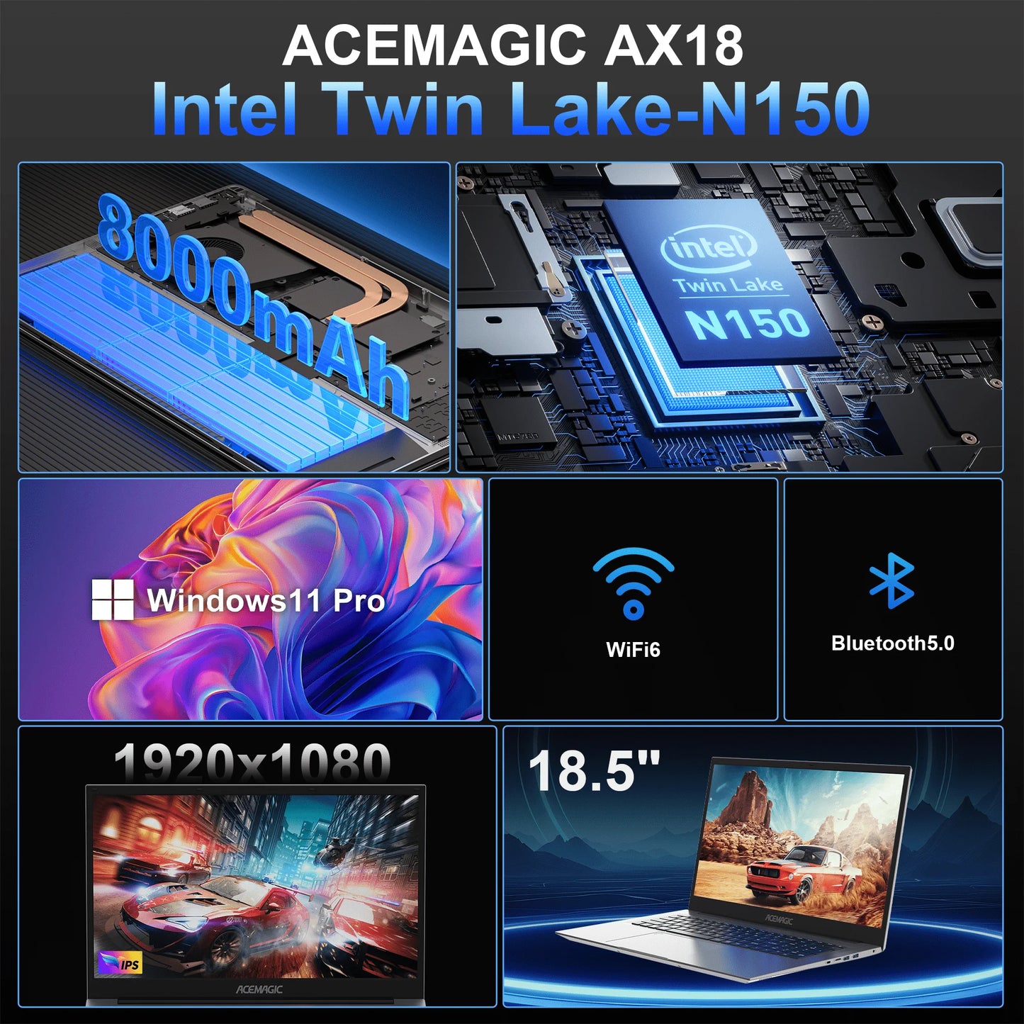 Kamrui Laptop Computer 18.5" FHD 8000mAh Intel N150 Quad-Core Windows 11 PRO 16GB DDR4 RAM 512GB SSD WiFi5 Desktop Notebook PC