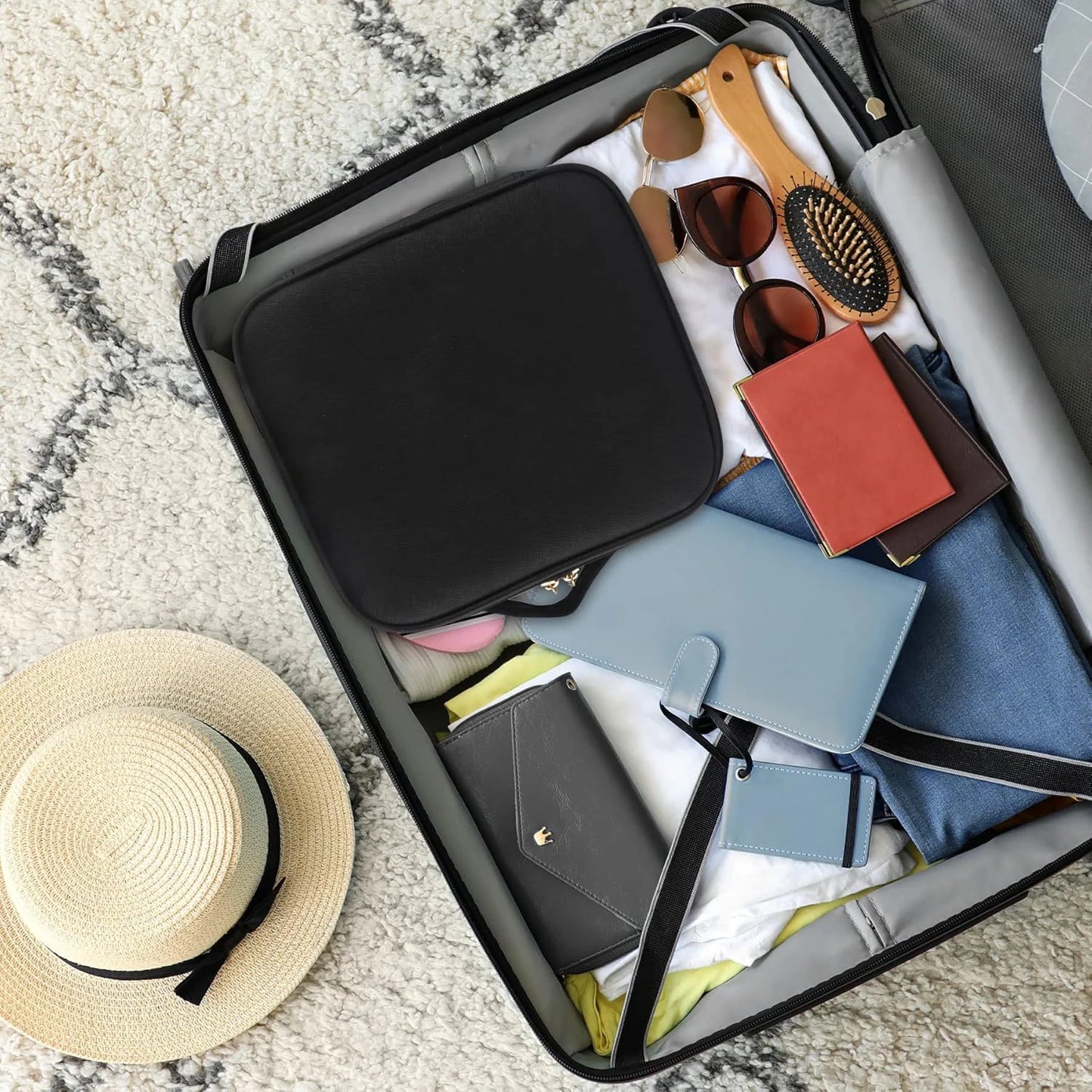 Makeup Organizer with Mirror Light 3 Adjustable Brightness Travel Train Case Cosmetic Bag Portable Storage Partition Waterproof